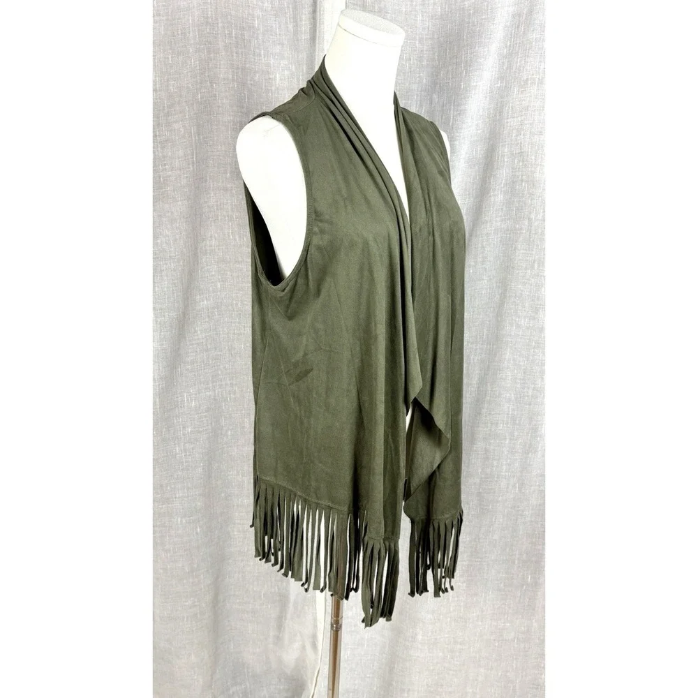 Open Front Ultra Suede Vest Tassels Size S/M Festival Boho Olive Green‎ Vegan
